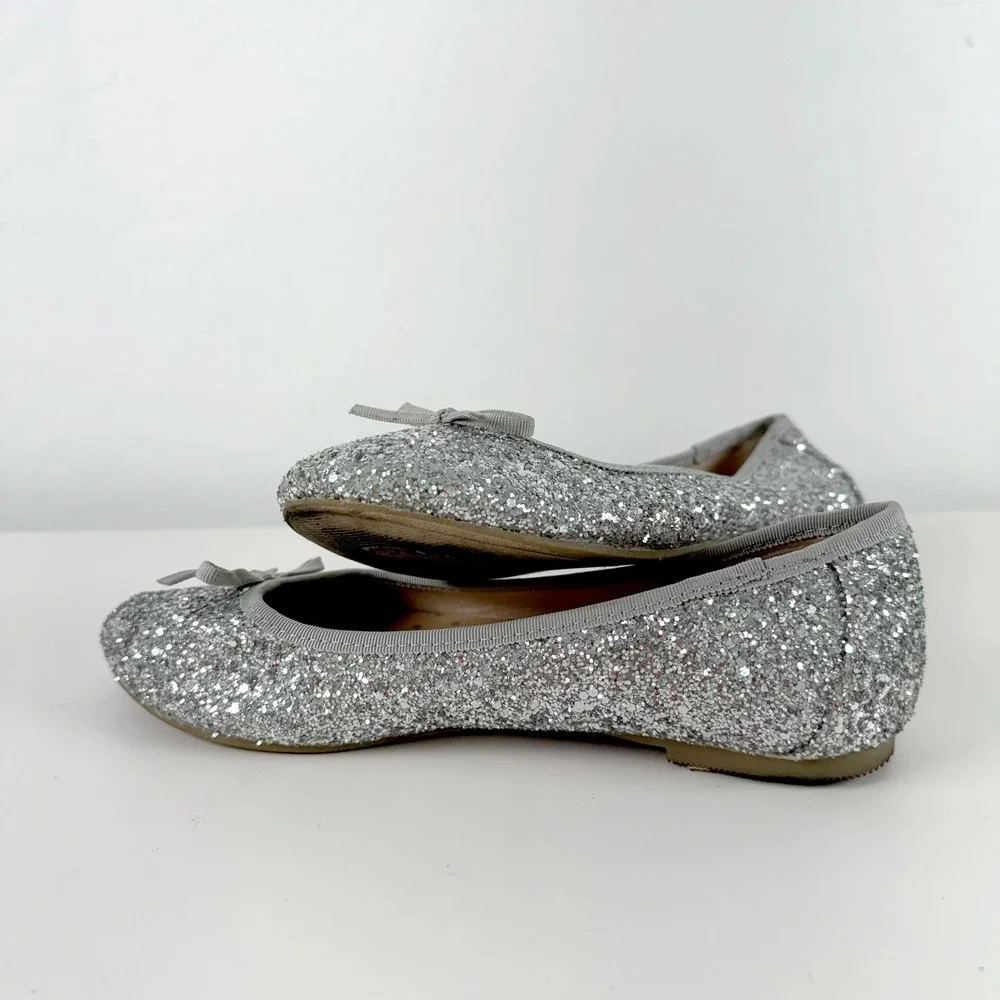 Cat & Jack Glitter Ballet Flats Girls 4 Silver Bow Sparkly Dress Shoes Holiday
